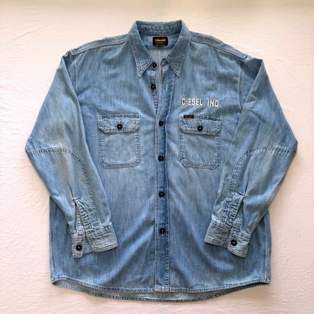 Diesel Denim Shirt Mens Medium Blue Long Sleeve Button Up Embroidered Utility